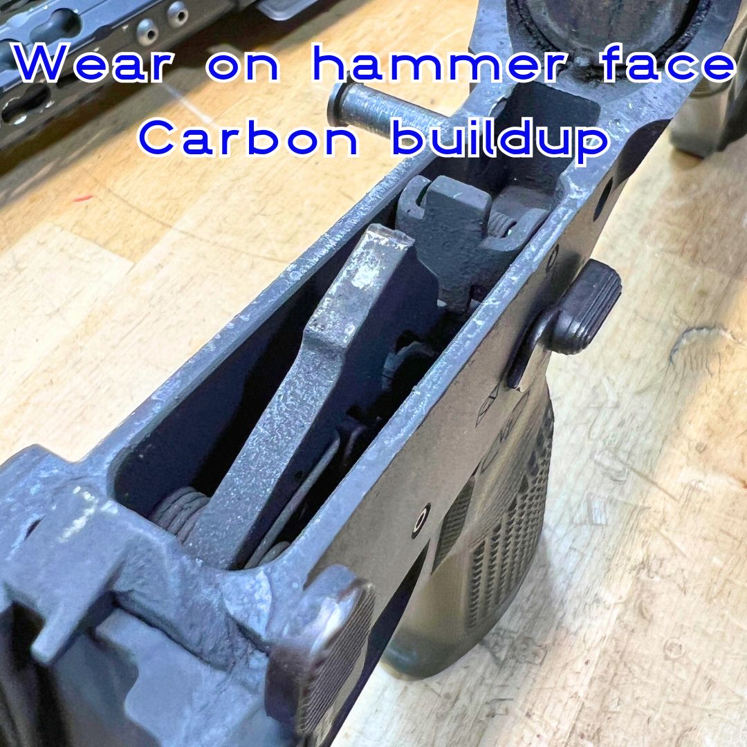 Carbon buildup and debris- lower receiver, wear on hammer face